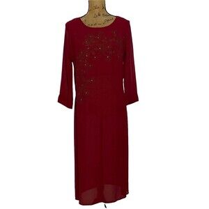 Globaldesi Dress MED Burgundy‎ Red Gold Floral Ethnic India Long Legging Tunic